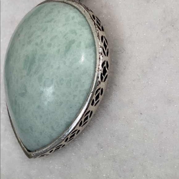 Fossil Turquoise Teardrop Stone Silver Necklace with Bird Charm Accent Vintage - Picture 8 of 16
